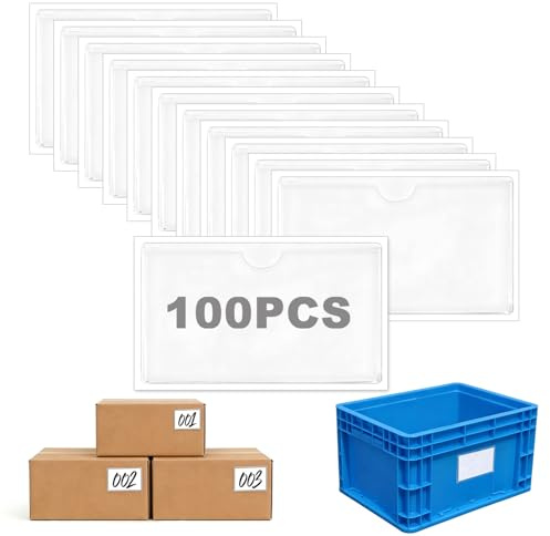 100 Stück Etikettenhalter Selbstklebend, 10 x 6 cm | Transparente Visitenkartentaschen Selbstklebend für Schule Büro Zuhause Organisieren Sortieren