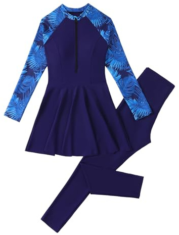 Odizli Modest Swimwear Women Tropical Print Long Sleeve Zipper Top + Swim Pants Full Body Burkini