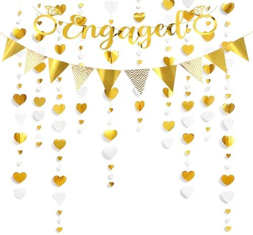 3 Pcs Gold Engagement Party Decorations, Engagement Decorations, Elegant Letter Banner with Triangle Pennant and 4m Gold White Heart Garland, Perfect for Engaged Couples Celebration