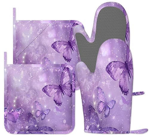 Butterfly Purple Oven Gloves Silicone Oven Mitts and Pot Holders Sets of 4, Vintage Kitchen Gloves Hot Holders for Kitchen Baking Cooking Housewarming Gifts
