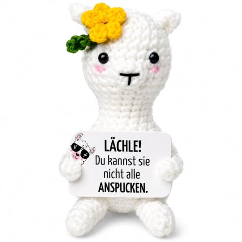 EQUIK PRODUCTS Alpaka Kuscheltier gehäkelt – Lustige Lama Figur mit Spruch „Lächle, du Kannst Nicht alle anspucken“ | Emotional Support Pocket Hug | Anti Stress Geschenk für Männer, Frauen, Kollegen