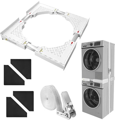 Zanfqvo Zwischenbaurahmen Trockner Waschmaschine mit Ratschenseil (45-70 cm) | Waschmaschine Trockner Verbindung Universal mit 8 Antirutsch Pads, Platzsparend Bis 500 Kg Belastbar
