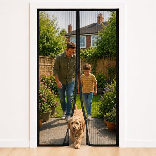 Fly Screens for Doors 90 x 210 cm Black, Magnetic Fly Screen Door with Auto Close Magnets, No Drill Fly Curtain Keeps Flies & Mosquitoes Out, Mesh Door Screen for Patio Kitchen Back Doors