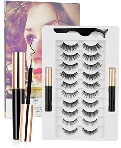 Reusable Magnetic Fake Eyelashes with 2 Tubes Eyeliner, 10 Pairs Natural Eye Lashes, Including Tweezers, Easy to Wear and Reusable