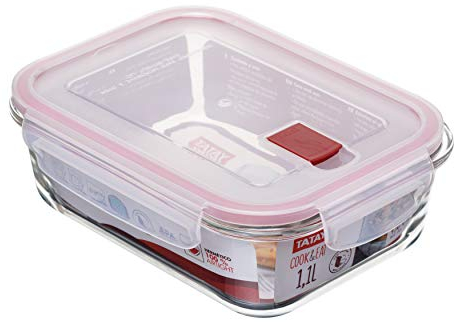 Tatay Cook & Eat - Contenitore di Alimenti ermetico in Vetro borosilicato, Capacita 1.1 L, Trasparente Con Guarnizione Rossa
