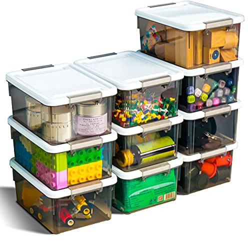 Citylife 10 Pack Small Storage Boxes with Lids Plastic Storage Boxes Stackable Clear Small Storage Box with Handles,Grey…