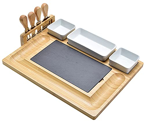 AIZYR Tabla De Tabla De Madera para Quesos, Bandeja para Embutidos Y Bandeja para Servir con Juego De Cubiertos, 3 Cuencos De Cerámica para Navidad, Boda, Regalos De Cumpleaños