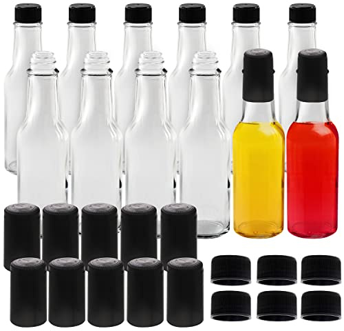Belle Vous Pack med 12 Genomskinliga Starksåsflaskor i Glas - 150 ml Dressingsflaskor med Lock & Värmekrympande Kapsellock - Flaskor för Starksåser, Olja, Sprit, Vinäger, Salladsdressing & Mer