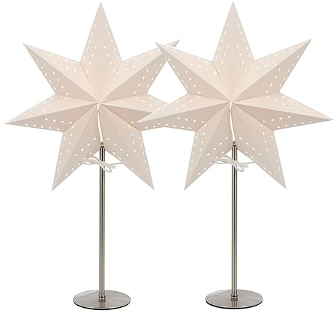 LED Universum - Papier Weihnachtsstern Tischleuchte Standstern weiß, Metallfuss, Dekostern mit Kabelschalter, E14 Fassung, 51cm Höhe (weiß, 2 Stück)