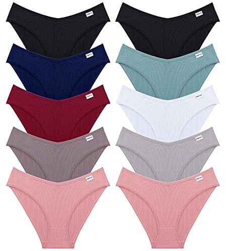 FINETOO Womens Underwear Cotton Bikini Rib Cheeky Panties Sexy V-shaped Waistband Hipster(XS)