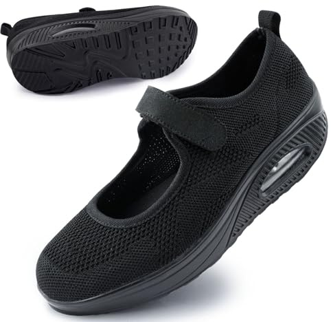 Git-up Femmes Confortable Travail Infirmière Chaussures Antidérapantes Réglable Respirant Walking Buffer Fitness Casual Nursing Orthèse Baskets Légères, Maille-Noir 38