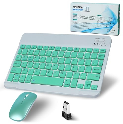 Bluetooth Tastatur Kabellos, Funktastatur Mit Maus,2.4G Maus, Mini Tastatur Ultra-Dünn Wireless Tastatur Maus Set für iPad,Mac,Laptop,Tablet,Surface,Phone,Windows/Android/iOS QWERTY,Grün