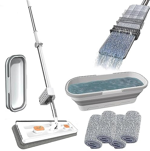 Grande scopa piatta, set con secchio, lavapavimenti con funzione di strizzatura, girevole a 360°, set con 4 cuscinetti in microfibra, mocio per piastrelle in legno duro