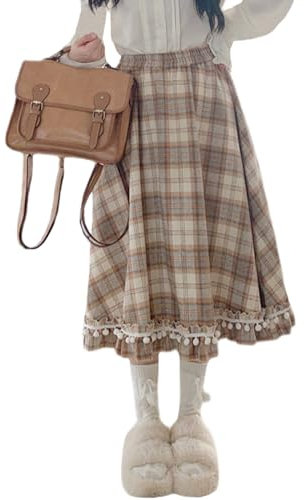 HIMI HIMIFASHION Dam vintage rutig lång kjol elastisk hög midja veckad A-linje utsvängd vinter varm midikjol, Brun, M