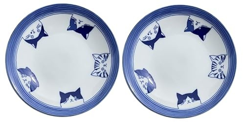 j-pure hitomi Japanese Ceramic Medium Plate Set, Five Kinds of Cat Face Patterns, 6.4 x H1.18 Inches Mino Ware White & Blue Set of 2, from Japan 23236
