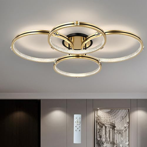 WSXEDC Moderne LED Deckenleuchten, 4 Kreis Ringe Kristall Deckenleuchte Dimmbar Mit Fernbedienung Luxus und Romantik Stil Pendelleuchte für Schlafzimmer Esszimmer Wohnzimmer