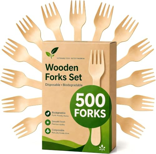 500 Holz Gabeln (Wooden Forks) Einwegbesteck Satz - Alternative zu Plastik Gabeln, Umweltfreundlich, Biologisch Abbaubar, Kompostierbares Gabelset – 500 Kompostierbare holzgabeln, Holzbesteck Einweg