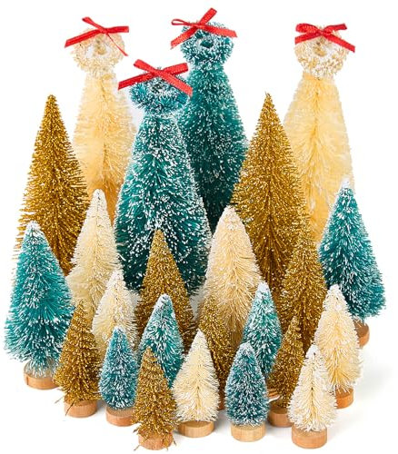 Fuyuleyo 28Pcs Mini Christmas Tree Bottle Brush Trees, Miniature Artificial Christmas trees for Winter Ornaments, Snow Frosted Sisal Trees Small Tabletop Christmas Tree for Christmas Decor Crafts