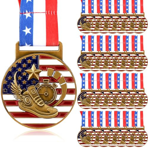Loetere 30 Stück Laufmedaillen patriotische Medaillen Gold Running Medaillen Bulk Leichtathletik Trophäe mit Halsbändern Geist Medaillon mit Sternen Streifen Amerikanische Flagge für Sport Trophäe
