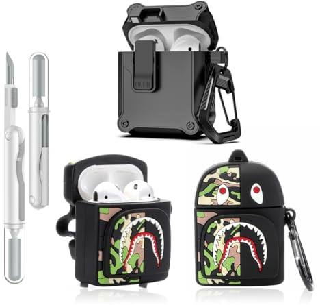 LEWOTE Custodia protettiva 3 in 1 compatibile con Apple AirPods (2a/1a generazione) custodia protettiva divertente con kit di pulizia e portachiavi (borsa squalo nero)
