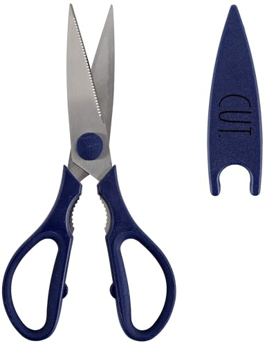 Rae Dunn Kitchen Scissors- Stainless Steel Kitchen Shears, Cooking Scissors for Cutting Meat, Chicken, Herbs and Produce with Blade Cover and Soft Grip Handles (Blue)