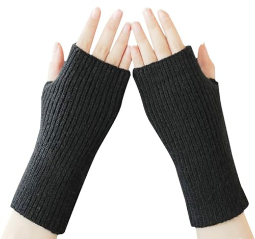 Balakaka Fingerlose Handschuhe mit Daumenloch 19×8cm, Eingedickte Handschuhe Winter Pulswärmer Armstulpen, Winter Gestrickte Armstulpen Damen Thermo Dehnbar, Schwarz