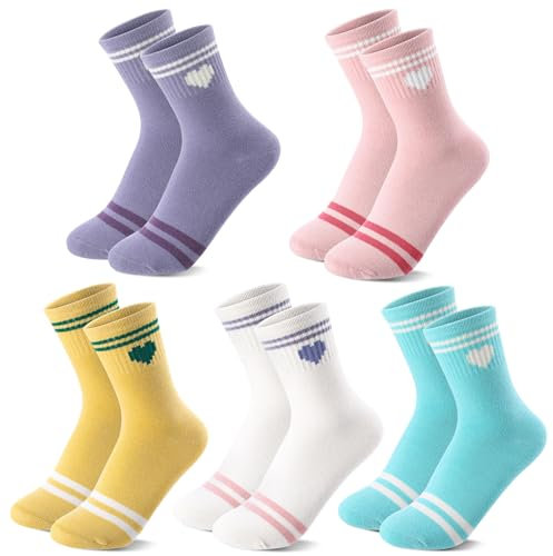 Utensilsto 5 Paar Tennissocken Damen mit Herz 38-42, Sportsocke Retro Streifen Socken, Baumwolle Socken Laufsocken Crew Socks Arbeitssocken(Mehrfarbig)