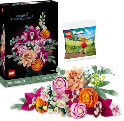 Lego 10342 Bouquet de fleurs roses avec cadeau en polybag - Bouquet rose à partir de 18 ans, pour adultes, bouquet de fleurs roses