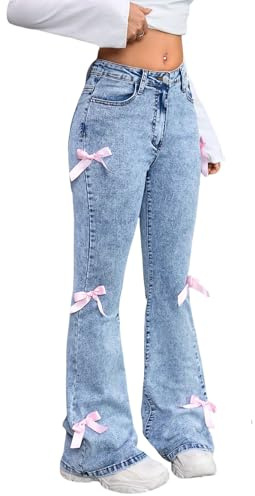 oyyniis Girls Bow Jeans Size 12-14 Y2K Flared Leg High Waist Stretchy Elastic Waist Bell Bottom Denim Pants with Pockets Blue