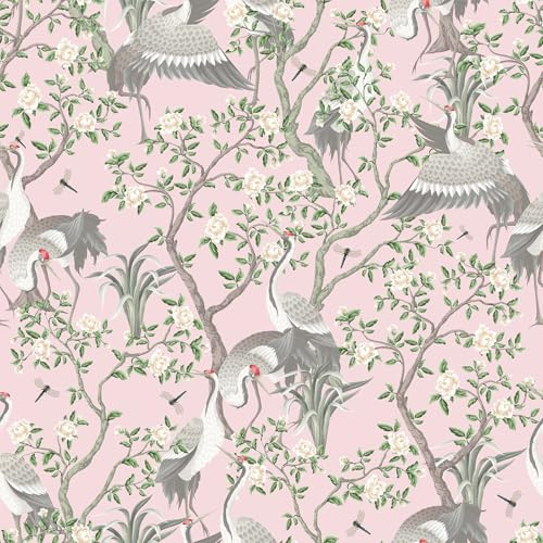 VEELIKE Carta da Parati Floreale Rosa Carta da Parati Fiori e Uccelli Gru Cinese 44,5 cm x 300 cm Jungle Fotomurale da Parete Camera da Letto Bagno Corridoio Pellicola Adesiva per Mobili Rimovibile