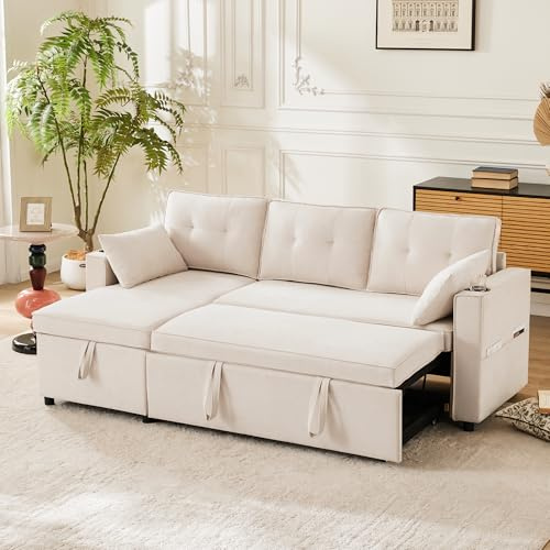 Zubaliya - Sofá esquinero convertible con función de cama, sofá de 3 plazas en L con portavasos, chaise longue con espacio de almacenamiento, izquierda y derecha intercambiables, color beige