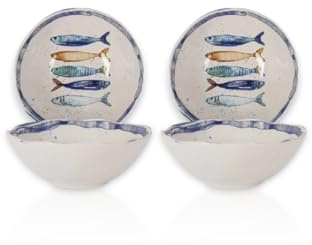 Skål i medelhavsdesign med sardinmotiv | maritim skål (16 cm), soppskål, frukostskål, salladsskål – robust, stengods, slät finish (set med 4 skålar (16 cm))