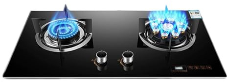 Réchaud à gaz double brûleur 4,8/5,2 kW noir en verre trempé fonte, compatible avec la cuisine domestique, avec protection anti-flamme