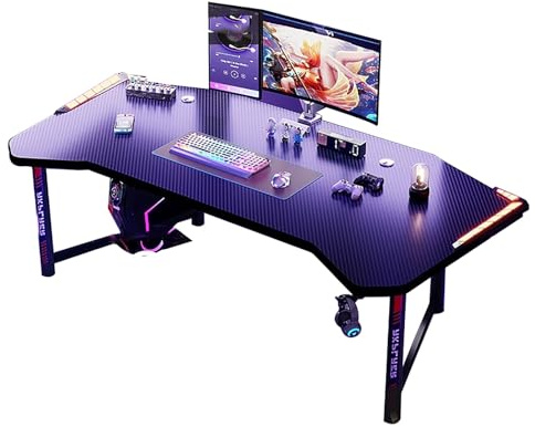 ZKBDBWTR Bureau Gaming en Fibre de Carbone avec éclairage RVB, Bureau D'ordinateur Ergonomique avec Porte-Gobelet, Crochet pour Casque, Double Poste de Travail(Black,120cm/47.2in)