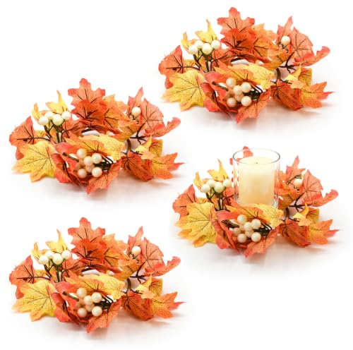 Bacucine 4Pcs Fall Wreaths Small Candle Rings with Maple Leaves Fall Candle Holders Artificial Flower Wreath for Wedding Farmhouse Door Home Table Home Decor