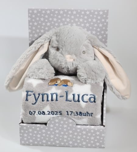 BotoBaby® - Geschenk-Set - Babydecke mit Namen und Geburtsdatum + Plüschtier - Geschenk Taufe Geburt Baby-Shower (Grau - Hase)