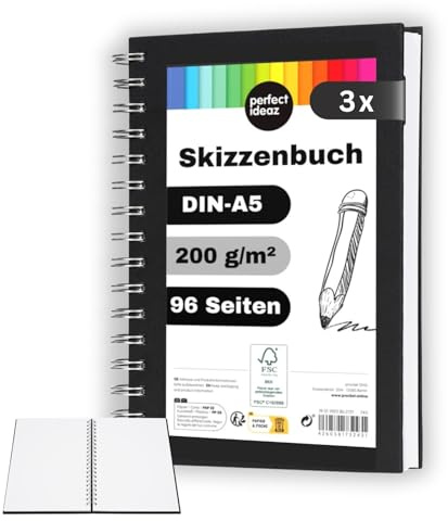 perfect ideaz - Skizzenbuch DIN-A5, Spiralbindung, FSC® zertifiziert, 96 Seite (48 Blatt), Hardcover Schwarz, Sketchbook, 200 g/m² dickes Papier, säurefrei (3 Skizzenbücher)
