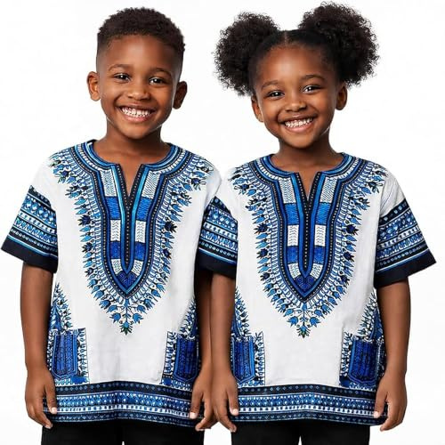 Adalex Global Dashiki African Kids Shirt Traditional Design, Authentic Clothes for Children Ethnic Patterns and African Print Boy Girl (UK, Age, 3 Years, 6 Years, Regular, White Blue)