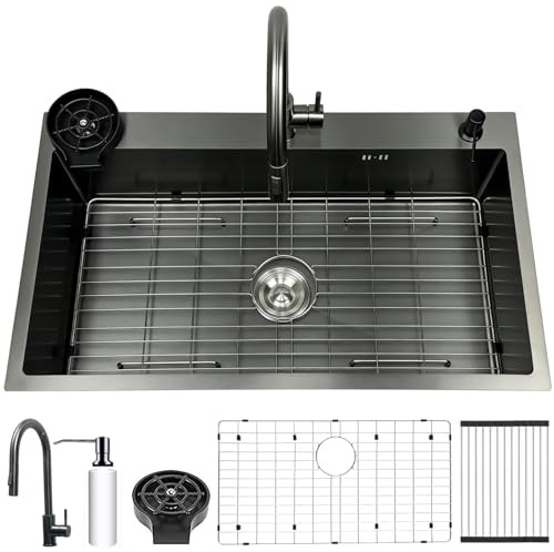 Fregadero de cocina de 85 x 50 cm, acero inoxidable negro antracita, 1 cuenco, fregadero grande, fregadero de cocina con grifo, escurridor, lavavajillas para vasos, dispensador de jabón, sifón y