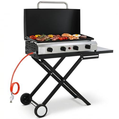 LIFERUN Tragbarer 4 Brenner Tischgrill inkl. Grillwagen Klappbar,9.6kW Tischgasgrill mit Separatem Grillständer, Kompakter Campinggrill mit Deckel & Faltbarem Grilltisch, für Terrasse, Garten, Schwarz