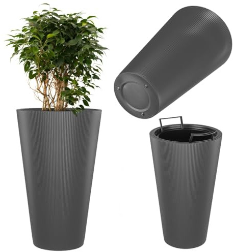KADAX Växtkruka Ø 29,5 x H 49 cm, blomkruka med inre kruka och räfflad design, stor växtkruka av plast, blomkruka för inomhus- och utomhusbruk (antracit)