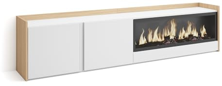 Skraut Home | Mueble TV | Muebles de salón, almacenaje | 212x50x35 cm | para televisión hasta 80 | Chimenea eléctrica XXL | Estilo Moderno | Blanco y Roble Soft