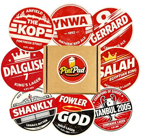 Liverpool Themed Beer Mats – Pack of 8 Pub Style 95mm Football Coasters – Liverpool Fan Gift for Man Cave, Home Bar & Games Room – Novelty Pub Football Coaster Set