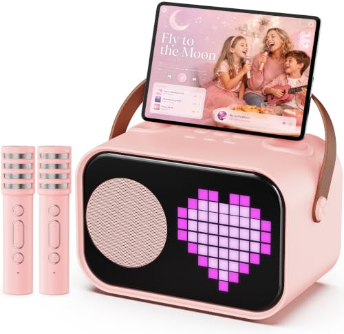 JYX Karaoke con 2 Microfono, Altoparlante Pixel Fun Schermo, Casse Portatili Professionale per Accompagnamento Audio Adulti Bambini, Cassa Bluetooth 5.3 per Feste e Viaggi, Rosa