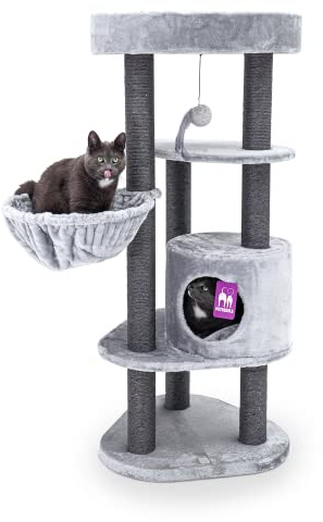 Petrebels Kratzbaum Platzsparend & Stabil, Charlotte 134 cm hoch, Grau | dreieckig, Ø 9 cm Stämme, mit dicke Bodenplatte, waschbaren Kissen, Hängematte, Höhle & Loungesofa, für mittelgroße Katzen