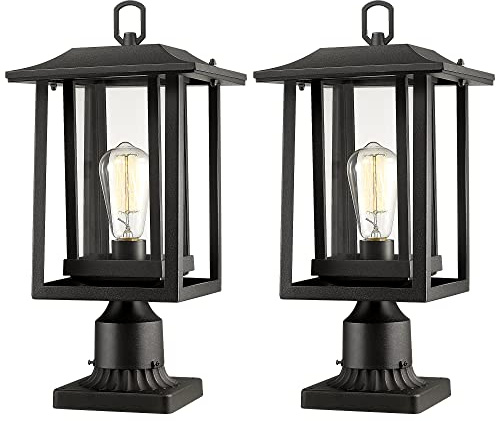 Beionxii Outdoor Post Lights, Large Exterior Lamp Post Light Fixture with Pier Mount Base, Black Cast Aluminum w/Clear Glass (19 x 9) - A197P-2PK (NOT Solar, 110-120V AC)