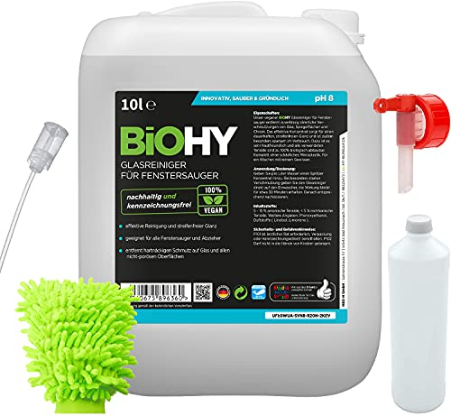BiOHY Glas- und Oberflächenreiniger-Set 10 Liter Kanister + Zubehör | Glas- und Oberflächenreiniger | Auslaufhahn | Dosierer | Mischbehälter | Staubhandschuh |Ökologisches Reinigungsmittel