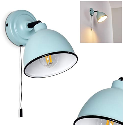 Vägglampa Catharine, justerbar vägglampa av metall i turkos/vit/svart, 1 flamma, 1 x E14-fäste, väggspot i retrodesign, med dragsnöre för att slå på/av, utan glödlampa