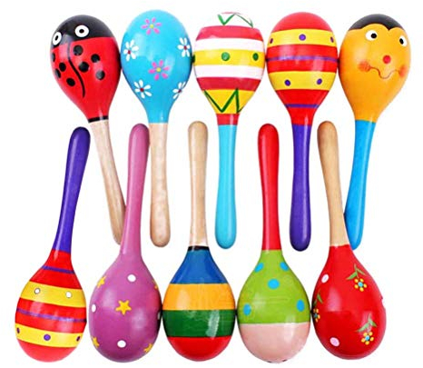 NUOBESTY 10 Stück Holz Fiesta Maracas Niedlichen Tier Muster Hand Glocke Baby Quietscher Sand Hammer Spielzeug für Mexikanische Fiesta Musikalische Party Gunst (Zufällige Farbe)