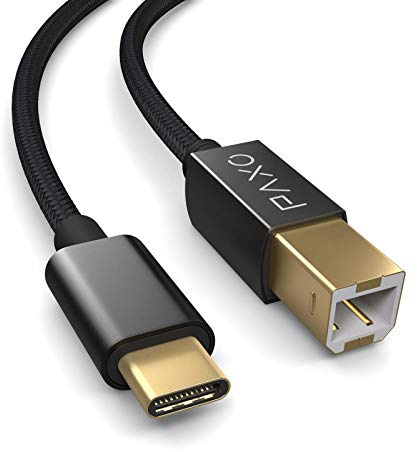 PAXO 2m Nylon USB Druckerkabel, schwarz, USB C Stecker auf USB B, Ladekabel, Datenkabel, Goldstecker
